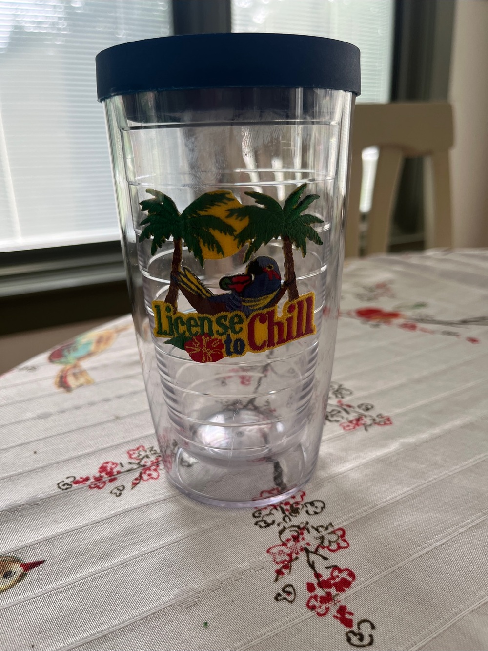 tervis Clear Tumbler with Blue Lid and Tropical Parrot Graphic